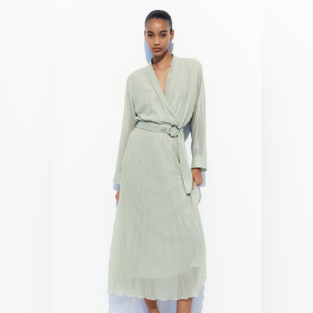 Zara Light Sage Wrap Pleated Midi Dress
